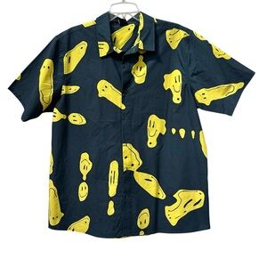 Neff Navy Blue Yellow Melting Happy Face Button Down Shirt size Large All Cotton